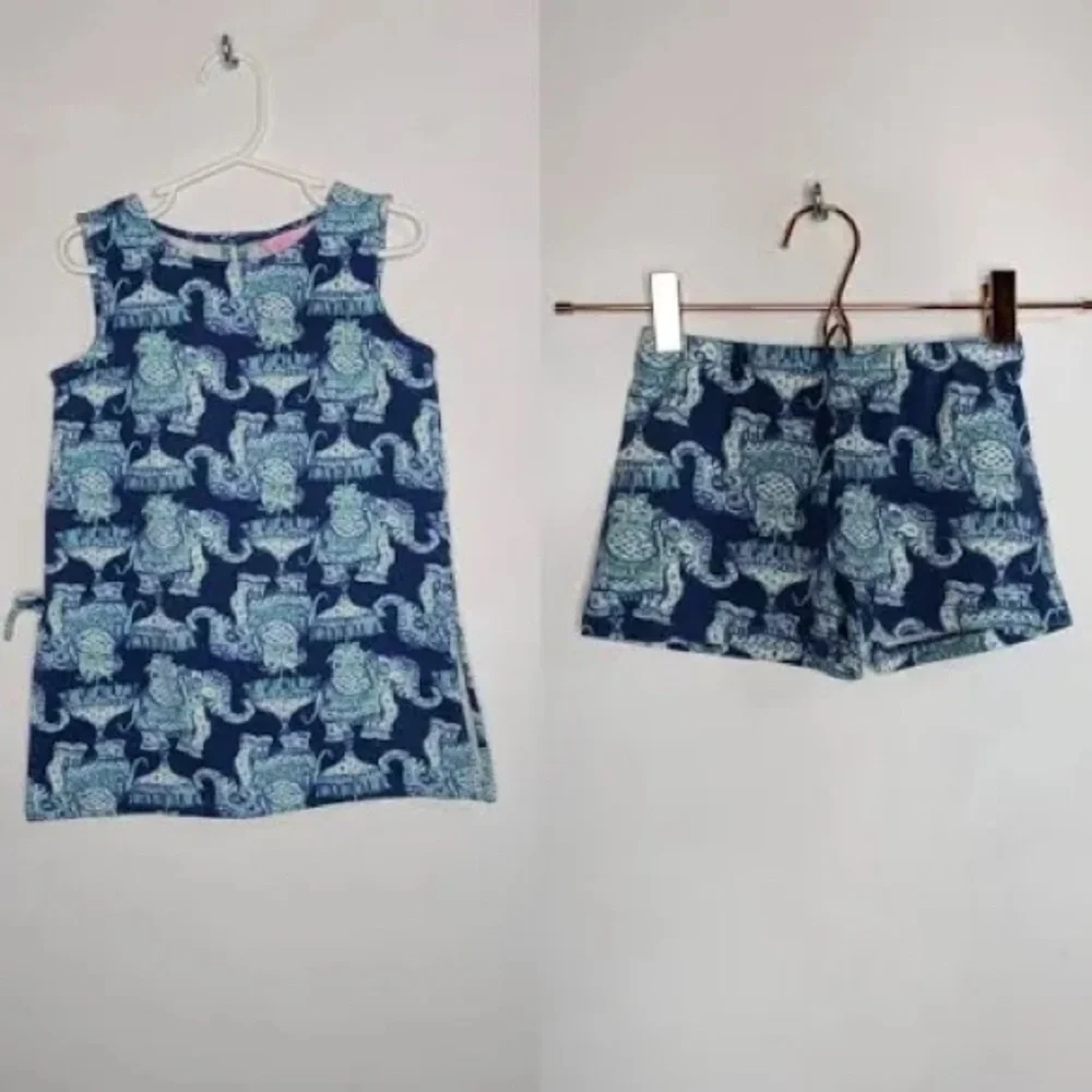 Lilly Pulitzer Mini Donna Elephant Print Kids Set in Blue and White